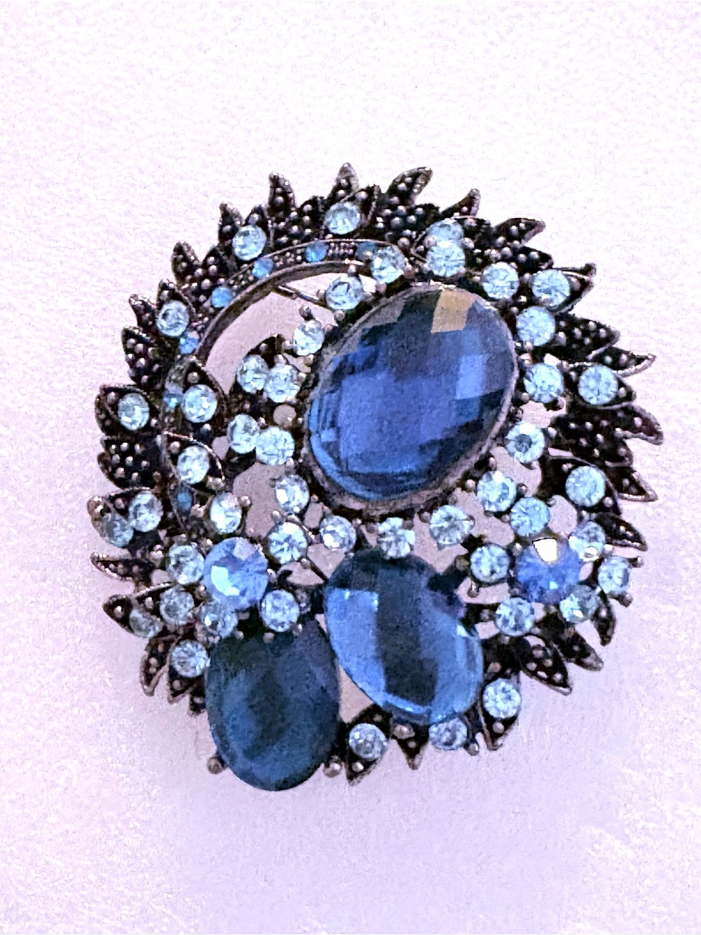 Vintage Navy Blue Crystal Floral Brooch Pendant